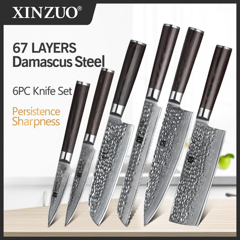 6PCS Professional Damascus Kitchen Knife Set Stria Hammer He Series