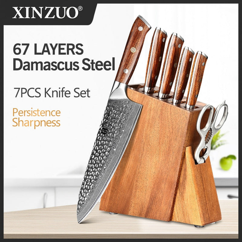 7PCS Professional Damascus Kitchen Knife Set Stria Hammer Yu Series