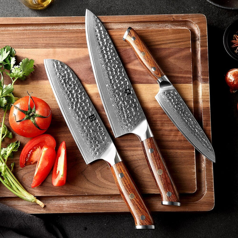 3PCS Professional Damascus Kitchen Knife Set Stria Hammer Yu Series