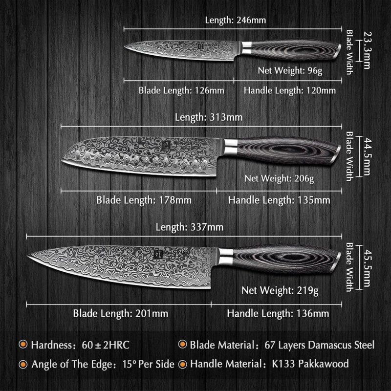 3PCS Professional Damascus Kitchen Knife Set Ya Series