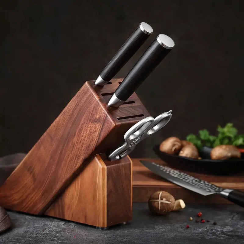 Natural Walnut Wood Knife Block Holder With 6 Slots