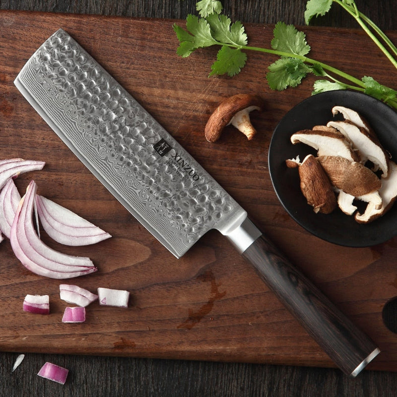 Professional Damascus Kitchen Nakiri Knife Stria Hammer He Series