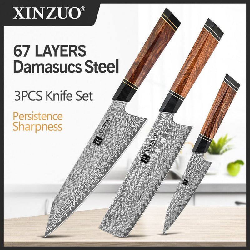 3PCS Professional Damascus Kitchen Knife Set Zhen Series