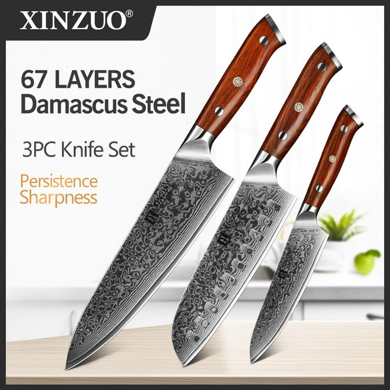 3PCS Professional Damascus Kitchen Knife Set Yu Series