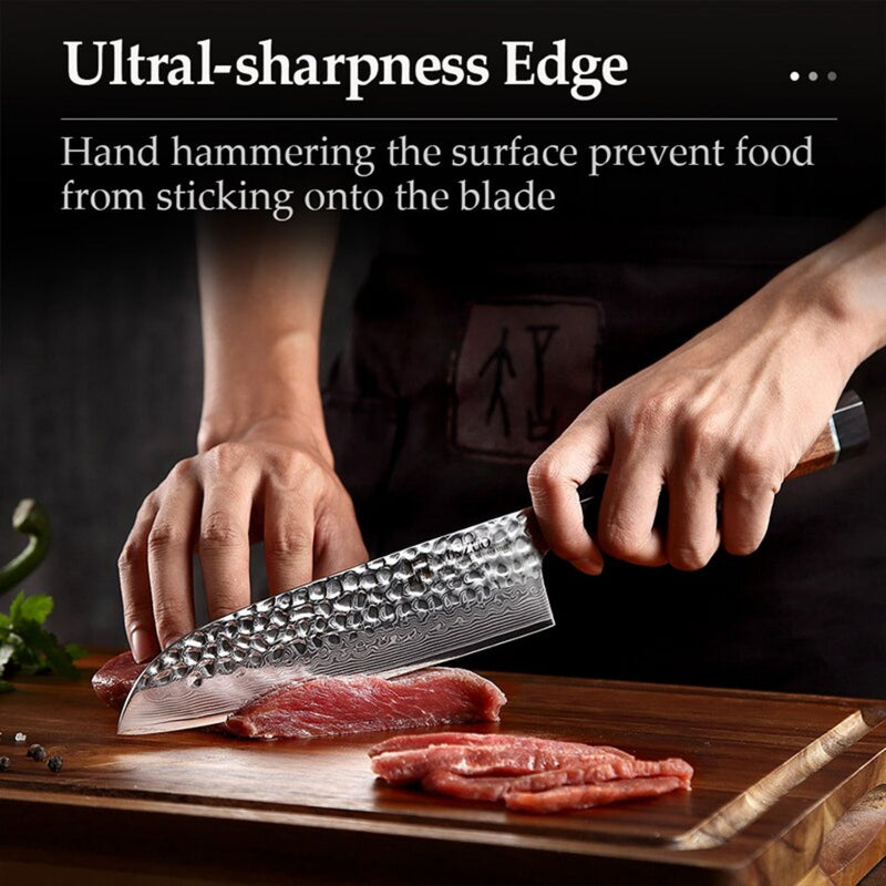 Professional Damascus Kitchen Santoku Knife Stria Hammer Zhen Series