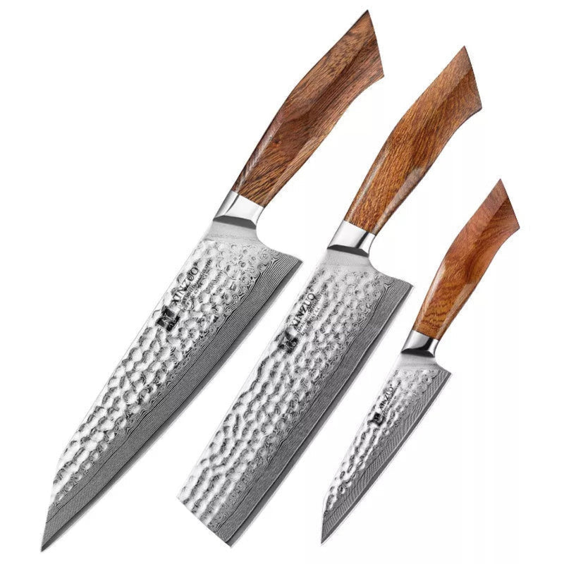 3PCS Professional Damascus Kitchen Knife Set Stria Hammer Feng Series