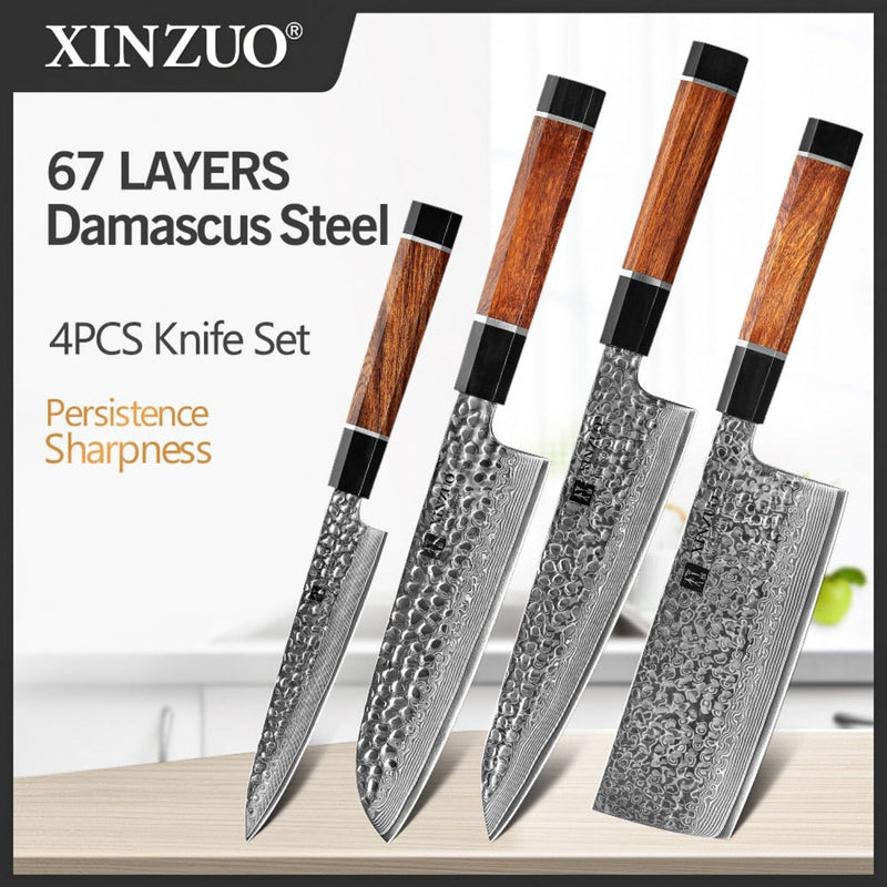 4PCS Professional Damascus Kitchen Knife Set Stria Hammer Zhen Series