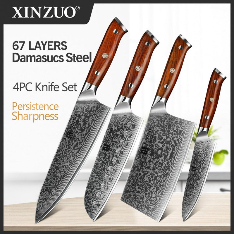 4PCS Professional Damascus Kitchen Knife Set Yu Series