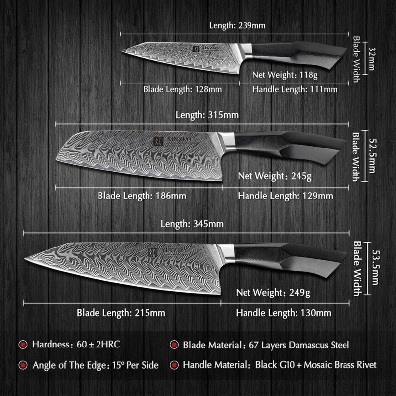 3PCS Professional Damascus Kitchen Knife Set Feng Series