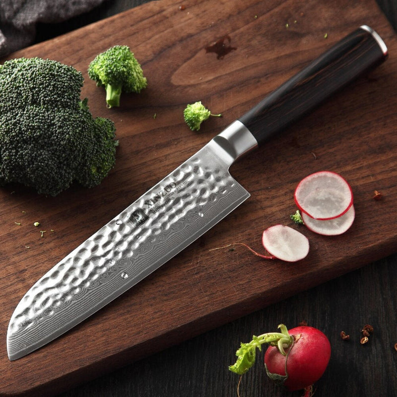 Professional Damascus Kitchen Santoku Knife Stria Hammer He Series