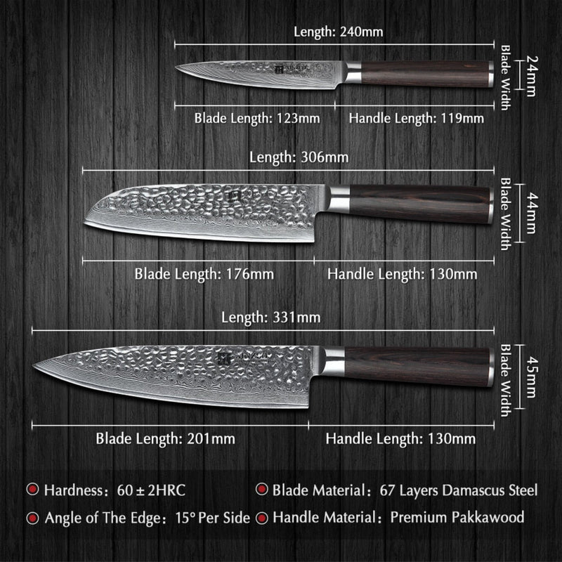 3PCS Professional Damascus Kitchen Knife Set Stria Hammer He Series