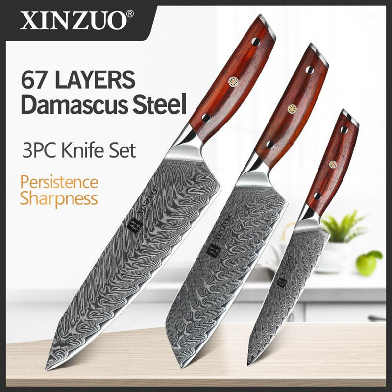 3PCS Professional Damascus Kitchen Knife Set Yi Series