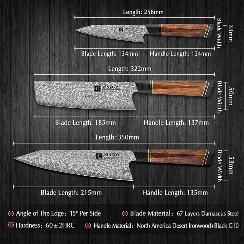 3PCS Professional Damascus Kitchen Knife Set Zhen Series