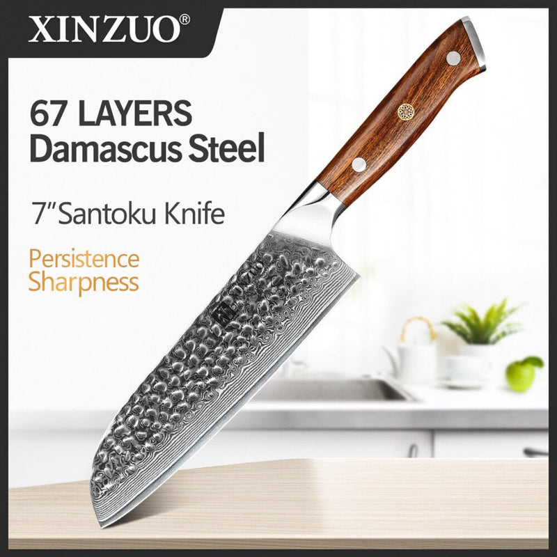 Professional Damascus Kitchen Santoku Knife Stria Hammer Yu Series