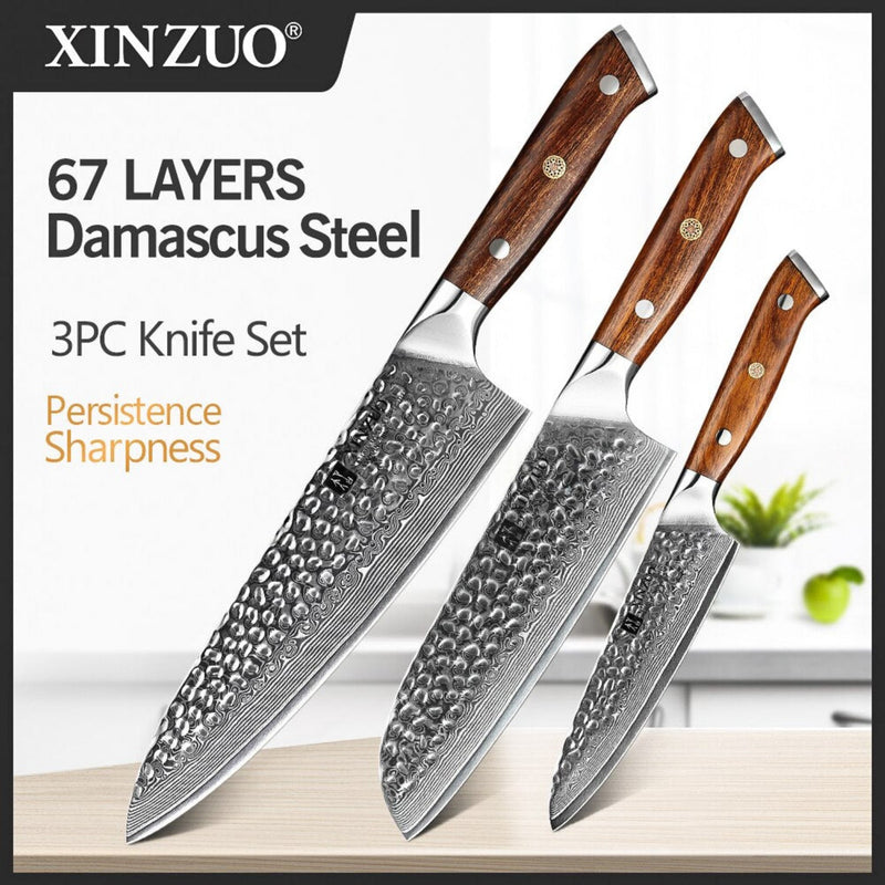 3PCS Professional Damascus Kitchen Knife Set Stria Hammer Yu Series