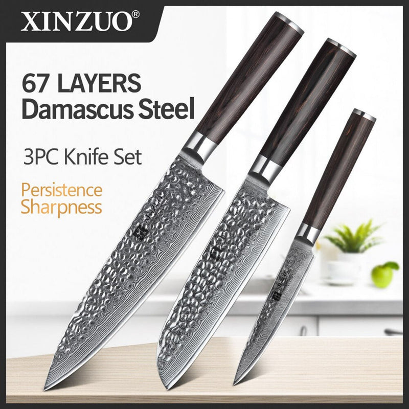 3PCS Professional Damascus Kitchen Knife Set Stria Hammer He Series