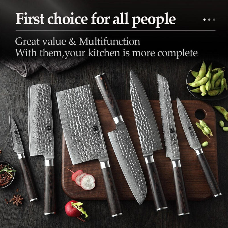 7PCS Professional Damascus Kitchen Knife Set Stria Hammer He Series