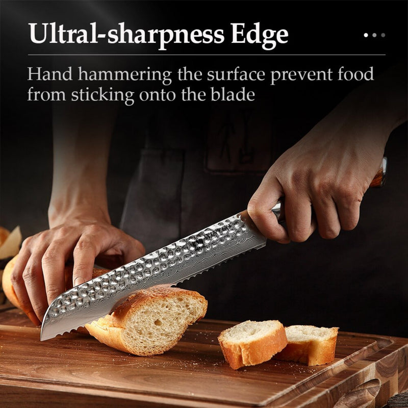 Professional Damascus Kitchen Bread Knife Stria Hammer Yu Series