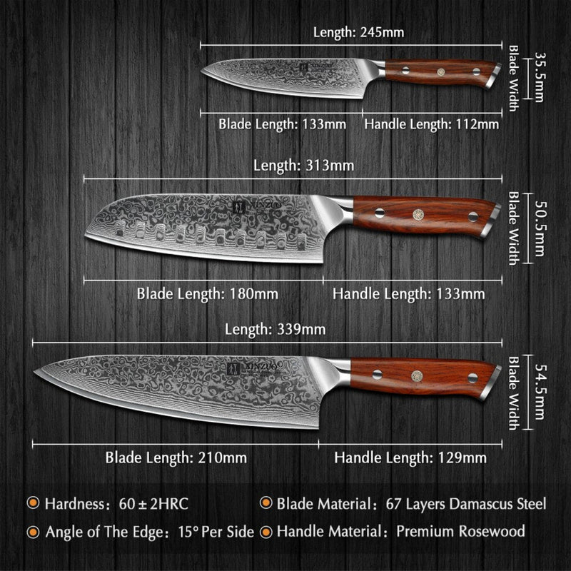 3PCS Professional Damascus Kitchen Knife Set Yu Series