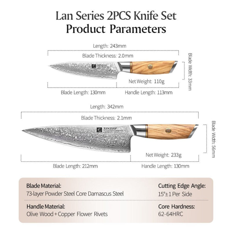 2PCS Professional Damascus Kitchen Knife Set Lan Series